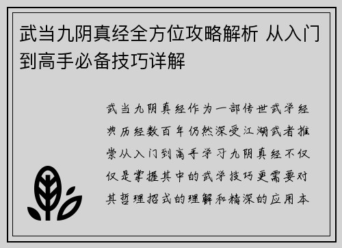 武当九阴真经全方位攻略解析 从入门到高手必备技巧详解