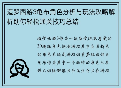 造梦西游3龟布角色分析与玩法攻略解析助你轻松通关技巧总结